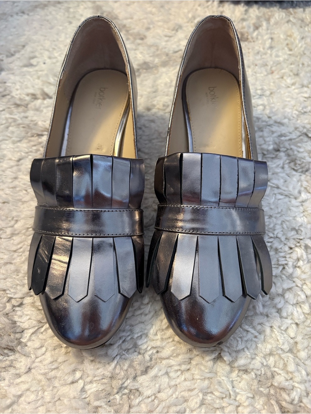 Botkier Metallic Pewter / Silver Fringe Leather Loafers with heel